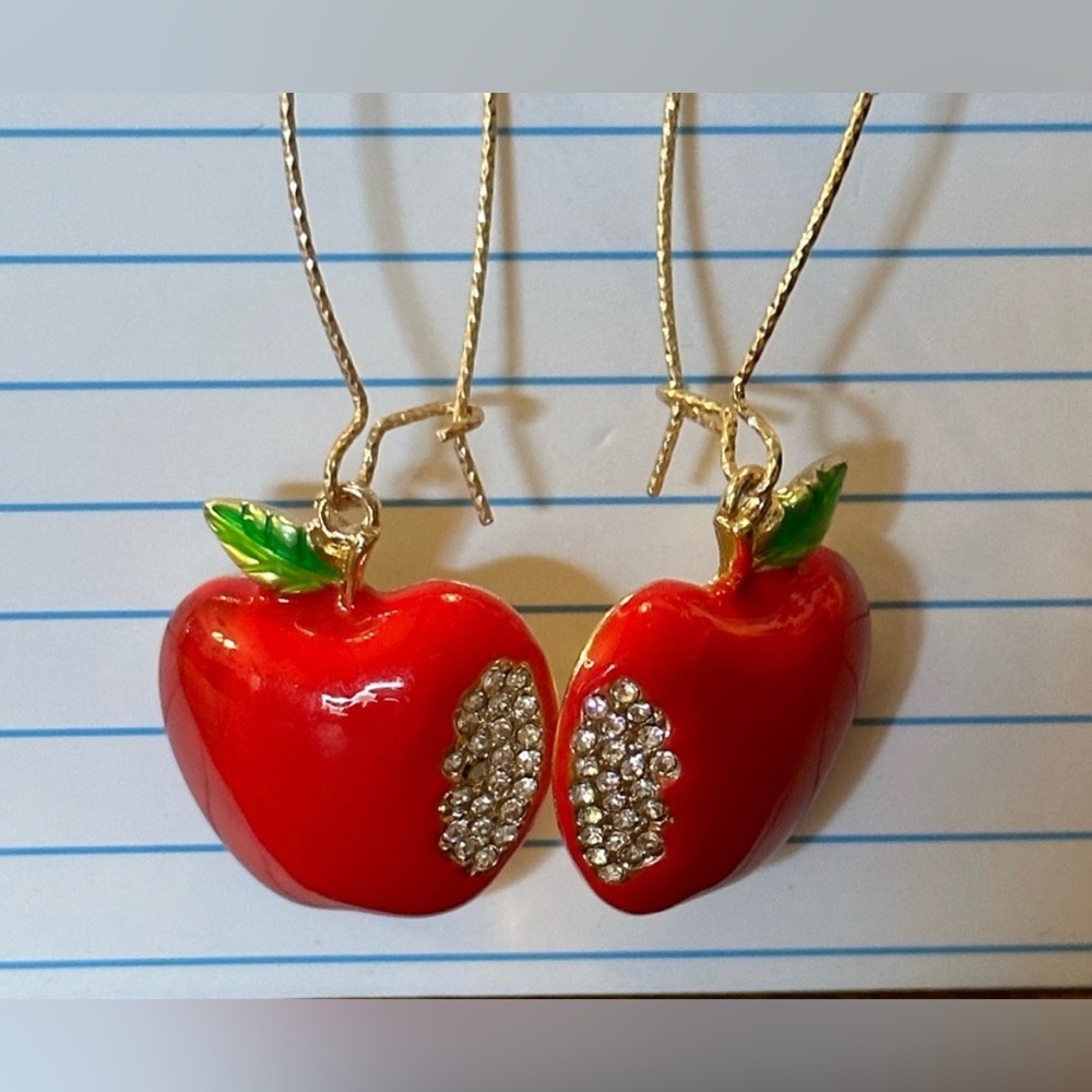 NWOT š Bella Jack gold tone red enamel CZ apple lightweight 2.5ā earrings - Picture 2 of 6